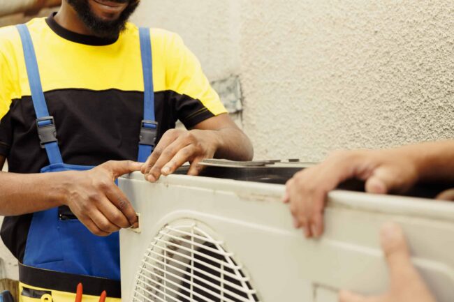 Engineers opening up faulty hvac system Air Duct Cleaning In Toronto